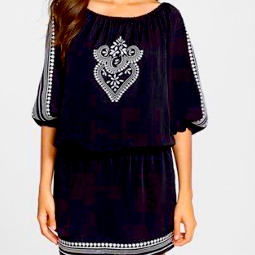 CeCe by Cynthia Steffe Women’s Black Piper White Embroidered Off Shoulder Dress